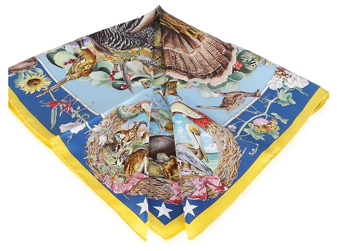 Foulard Hermès Jaune Vif Bleu Azur Multicolor Silk Faune Et Flore Du Texas Scarf 90 - vista 2