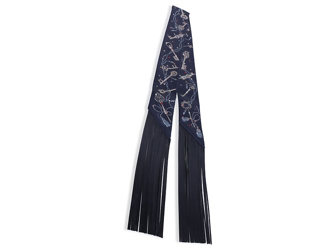 Hermès Bleu Marine Gris Argent Marine Les Cles A Pois Silk Fringe Twilly - vista 3
