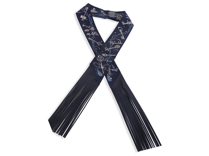 Hermès Bleu Marine Gris Argent Marine Les Cles A Pois Silk Fringe Twilly - vista 4