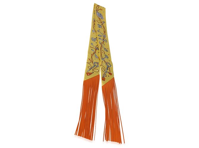 Hermès Jaune Argent Orange Vif Silk Les Cles A Pois Silk Fringe Twilly - vista 3