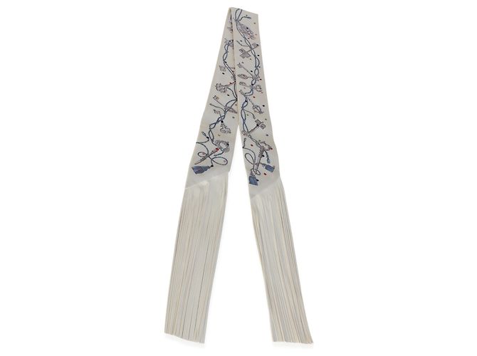 Hermès Creme Gris Perle Multicolore Silk Lambskin Les Cles A Pois Fringe Twilly - vista 3
