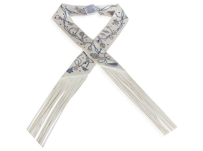 Hermès Creme Gris Perle Multicolore Silk Lambskin Les Cles A Pois Fringe Twilly - vista 4