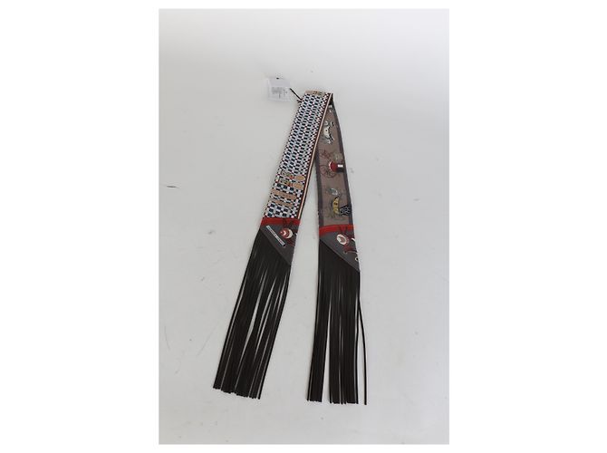 Hermès Bleu Rouge H Marron Glace Les Voitures Nouvelles Silk Fringe Twilly - vista 5