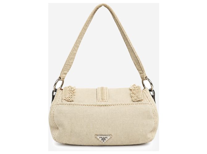 Prada Bolsa de ombro em denim bege com franjas e fecho turn-lock - vista 3