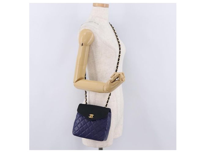 CHANEL Matelasse Chain Shoulder Bag Lamb Skin Navy Gold Tone CC - vista 27