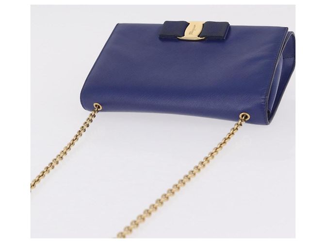 Salvatore Ferragamo Vala Chain Shoulder Bag Leather Blue Gold Tone - vista 6