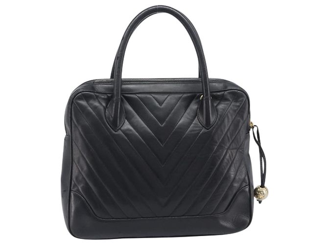 CHANEL V Stitch Hand Bag Leather Black Gold Tone CC - vista 3