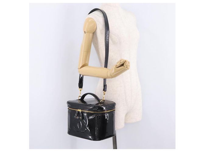 CHANEL Vanity Cosmetic Pouch Patent 2way Black Gold Tone CC - vista 25