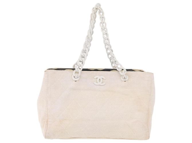 CHANEL Chain Tote Bag Canvas White Gold CC - vista 13