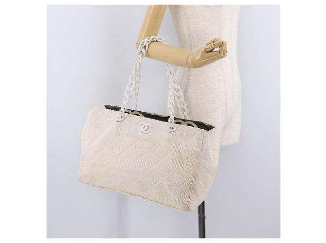 CHANEL Chain Tote Bag Canvas White Gold CC - vista 30