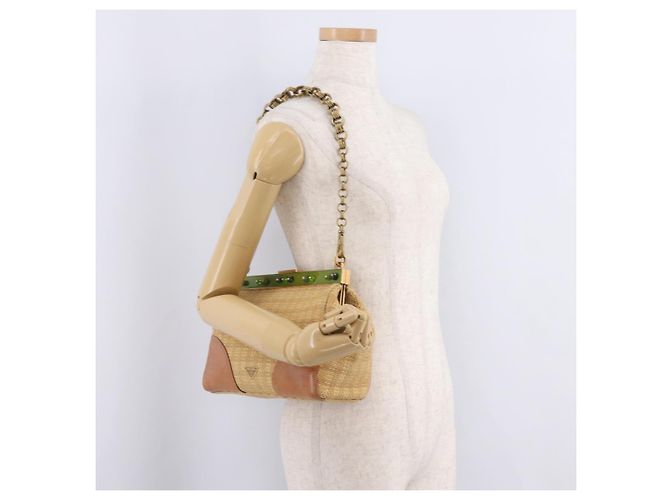 PRADA Chain Shoulder Bag Raffia Beige Gold Tone - vista 25