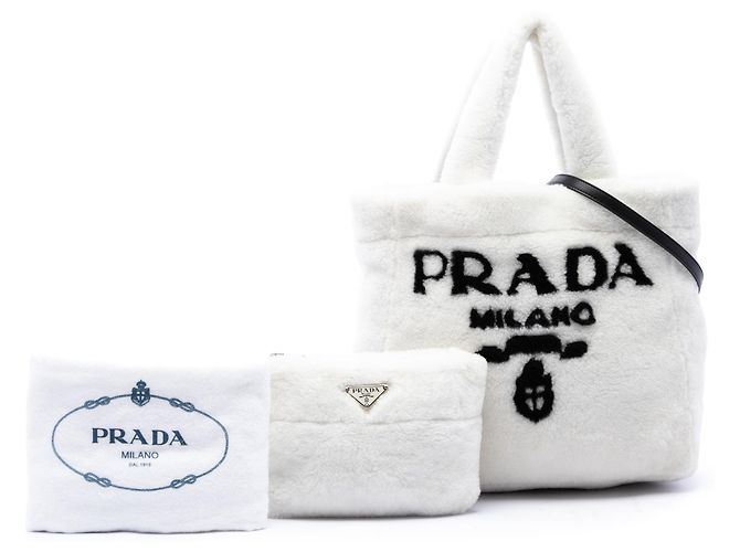 Tote Sac cabas Prada en shearling blanc avec logo - vue 7