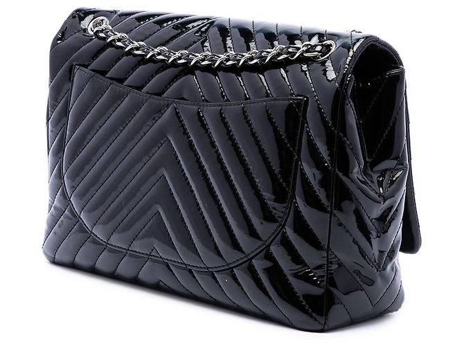Chanel Black Jumbo Classic Chevron Patent Double Flap - vista 2