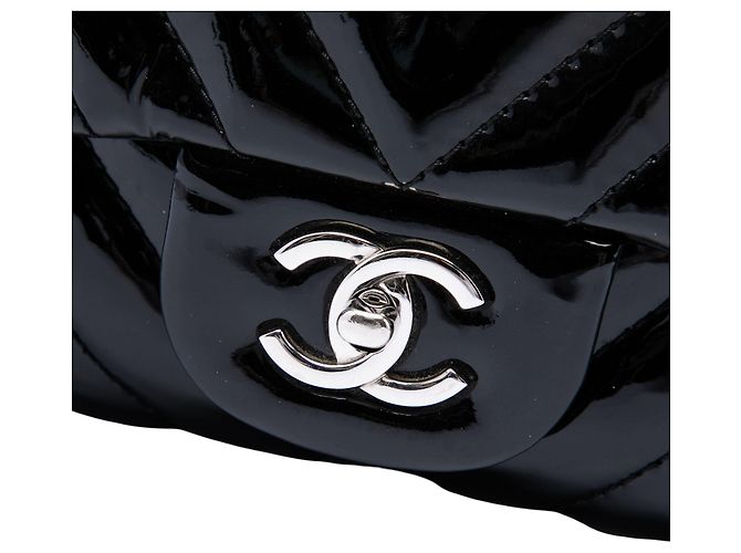 Chanel Black Jumbo Classic Chevron Patent Double Flap - vista 5