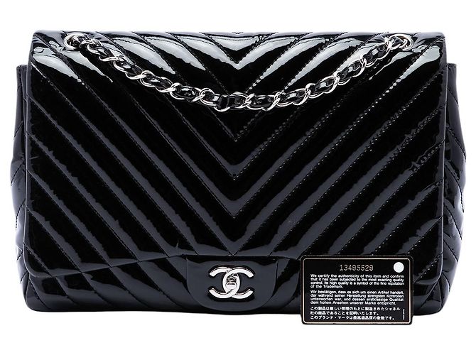 Chanel Black Jumbo Classic Chevron Patent Double Flap - vista 7