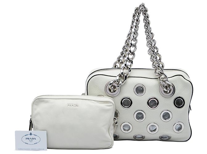 Bolsa de Ombro Prada em Vitello Daino Branco com Corrente e Ilhoses - vista 7
