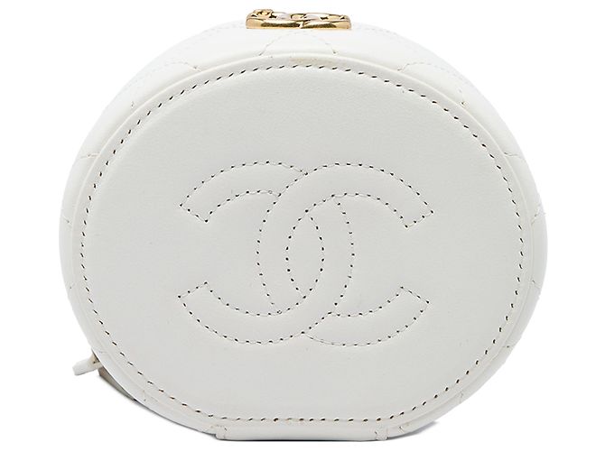 Chanel Vanity Case Round Top Handle em Lambskin Matelassado Branco com Cristais e Pérolas e Corrente - vista 3