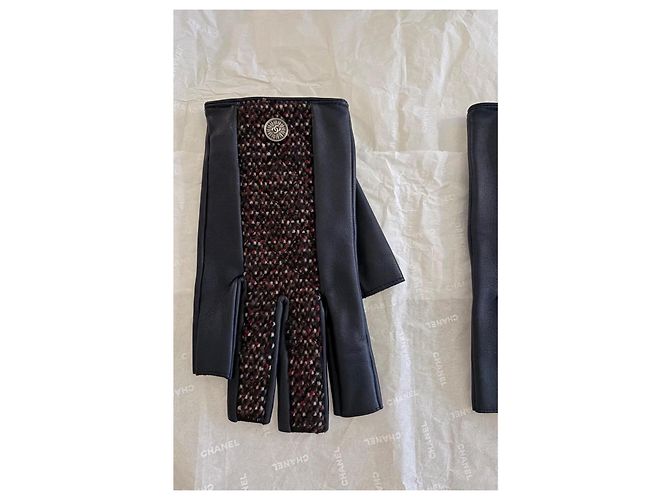 Chanel Guanti senza dita in pelle e tweed - vista 2
