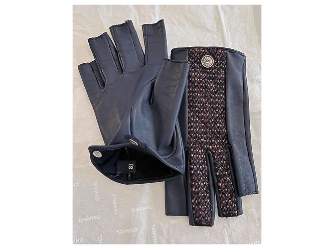 Chanel Guanti senza dita in pelle e tweed - vista 3