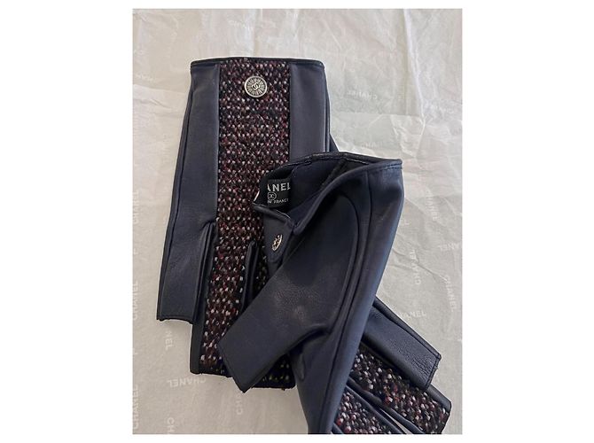 Chanel Guanti senza dita in pelle e tweed - vista 5