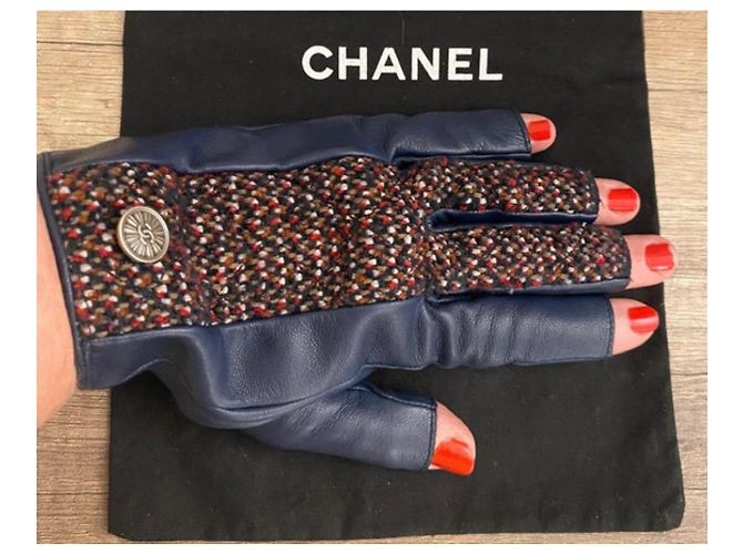 Chanel Guanti senza dita in pelle e tweed - vista 9