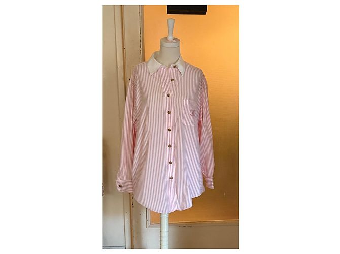 Chanel Rosa-weiß gestreiftes Baumwollhemd mit CC-Logo - Ansicht 2