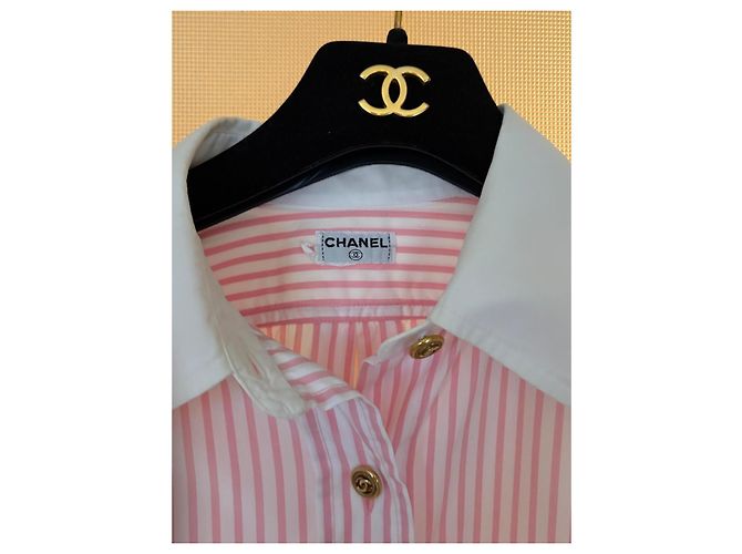 Chanel Rosa-weiß gestreiftes Baumwollhemd mit CC-Logo - Ansicht 7