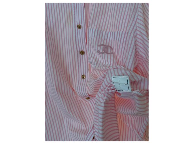 Chanel Rosa-weiß gestreiftes Baumwollhemd mit CC-Logo - Ansicht 8
