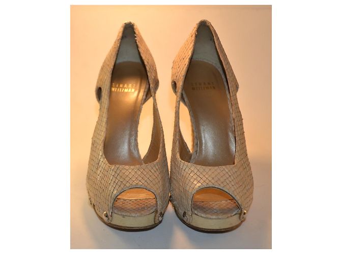 Stuart Weitzman Beige Python Leather Peep-Toe Pumps - view 3