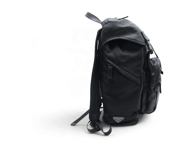 PRADA BLACK LEATHER AND RE-NYLON CANVAS BACKPACK - view 4