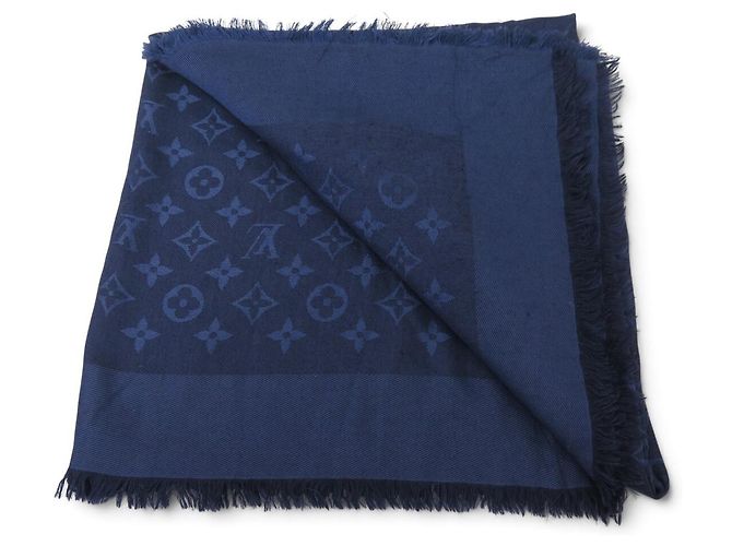 SCIALLE LOUIS VUITTON MONOGRAM CLASSIC 140 CM LANA E SETA BLU SCARF SHAWL - vista 2