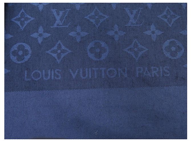 SCIALLE LOUIS VUITTON MONOGRAM CLASSIC 140 CM LANA E SETA BLU SCARF SHAWL - vista 3