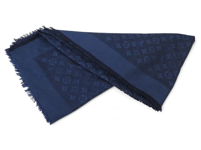 SCIALLE LOUIS VUITTON MONOGRAM CLASSIC 140 CM LANA E SETA BLU SCARF SHAWL - vista 4