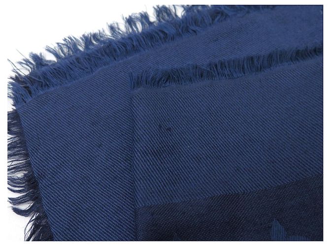 SCIALLE LOUIS VUITTON MONOGRAM CLASSIC 140 CM LANA E SETA BLU SCARF SHAWL - vista 6