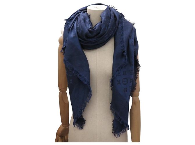SCIALLE LOUIS VUITTON MONOGRAM CLASSIC 140 CM LANA E SETA BLU SCARF SHAWL - vista 7