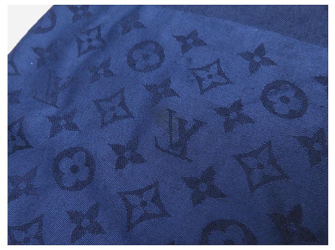 SCIALLE LOUIS VUITTON MONOGRAM CLASSIC 140 CM LANA E SETA BLU SCARF SHAWL - vista 8