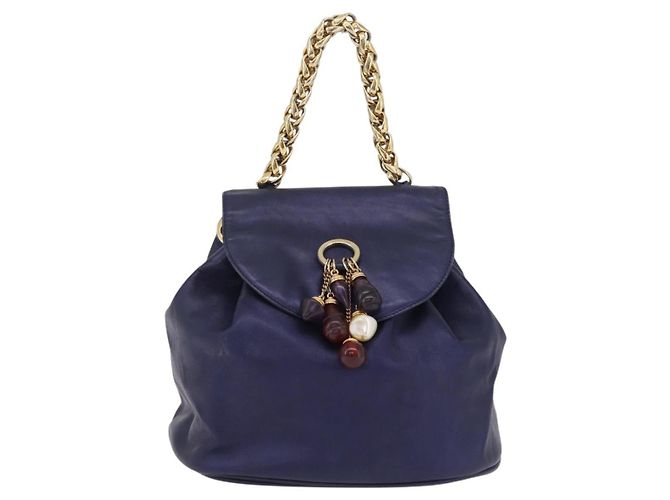 LOEWE Bolsa de mão com corrente em couro azul marinho e dourado Auth 207974 - Jerrillo - vista 13