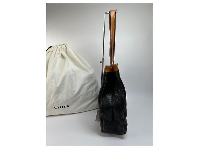 Céline Vintage Celine Structured Pebbled Leather Top-Handle Bag c. 2009 Black Tan - view 12