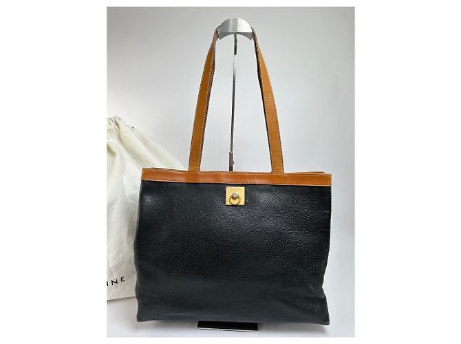 Céline Vintage Celine Structured Pebbled Leather Top-Handle Bag c. 2009 Black Tan - view 13