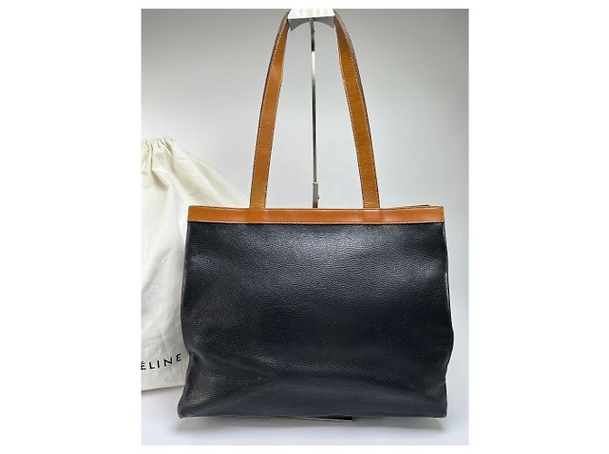 Céline Vintage Celine Structured Pebbled Leather Top-Handle Bag c. 2009 Black Tan - view 14