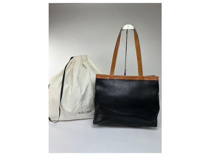 Céline Vintage Celine Structured Pebbled Leather Top-Handle Bag c. 2009 Black Tan - view 2