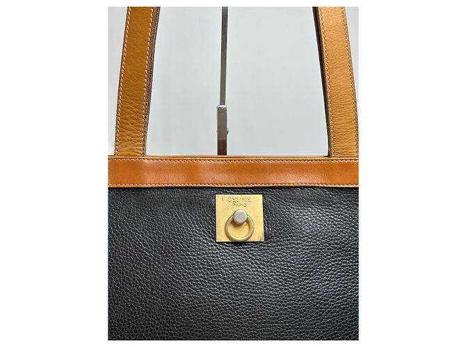 Céline Vintage Celine Structured Pebbled Leather Top-Handle Bag c. 2009 Black Tan - view 4