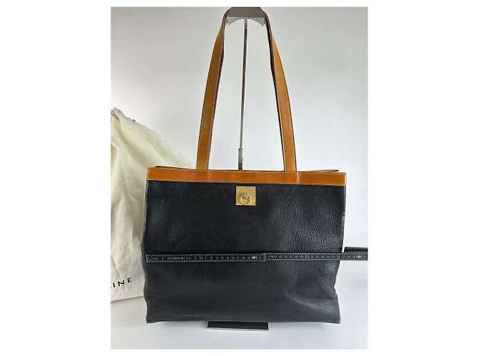 Céline Vintage Celine Structured Pebbled Leather Top-Handle Bag c. 2009 Black Tan - view 7