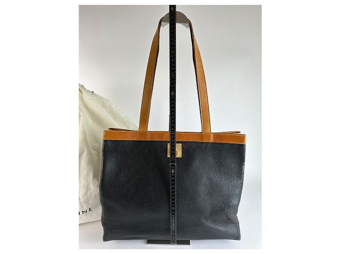 Céline Vintage Celine Structured Pebbled Leather Top-Handle Bag c. 2009 Black Tan - view 9
