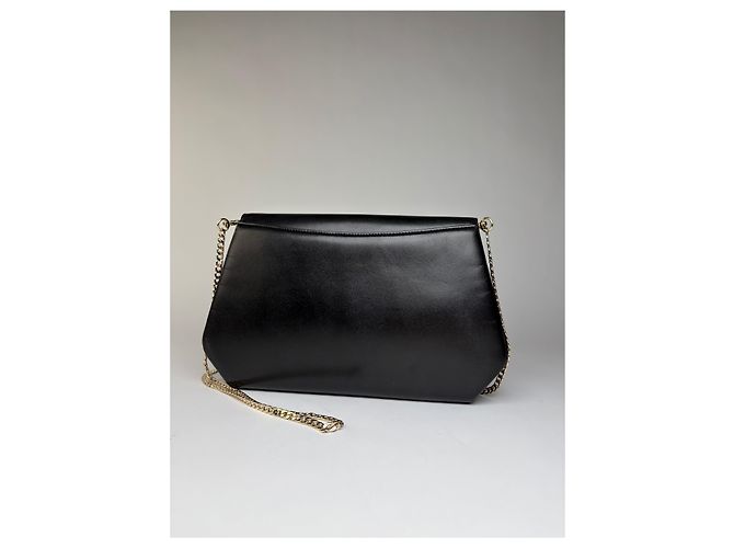 Vintage Givenchy Schultertasche mit Klappe aus glattem Leder Schwarz Gold - Ansicht 2