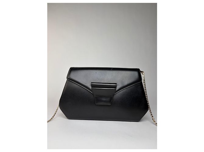 Vintage Givenchy Schultertasche mit Klappe aus glattem Leder Schwarz Gold - Ansicht 8