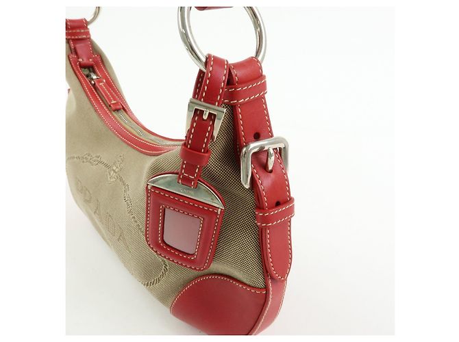 Bolsa de ombro e mala de mão em couro jacquard com logo PRADA Beige Red BR3429 - vista 14