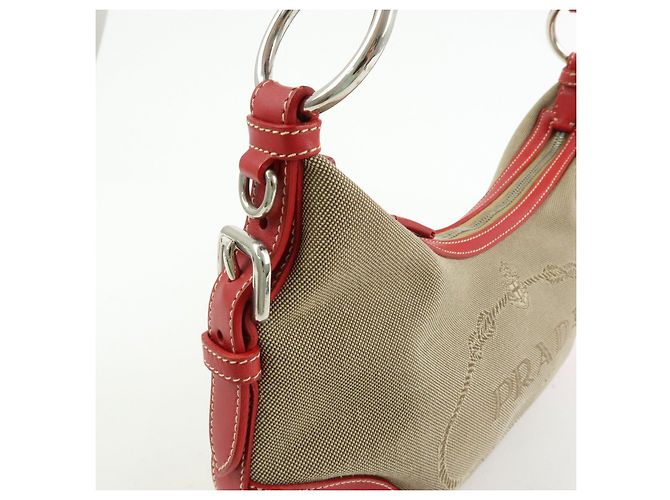 Bolsa de ombro e mala de mão em couro jacquard com logo PRADA Beige Red BR3429 - vista 15