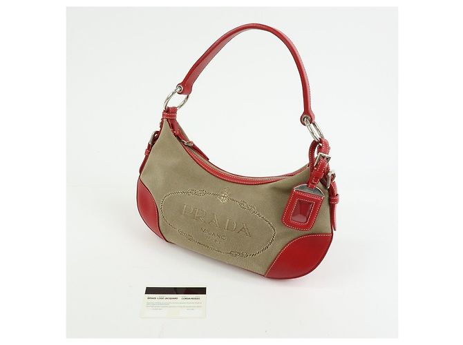 Bolsa de ombro e mala de mão em couro jacquard com logo PRADA Beige Red BR3429 - vista 24