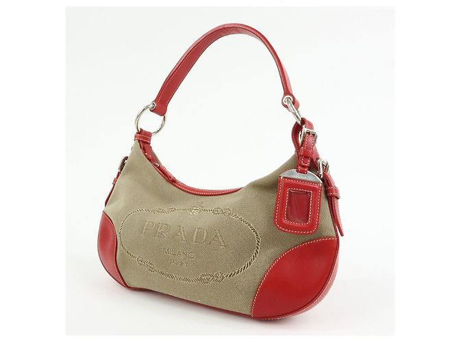 Bolsa de ombro e mala de mão em couro jacquard com logo PRADA Beige Red BR3429 - vista 3